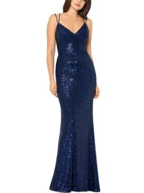 Blondie Nites Juniors' Sequined Lace-Up-Back Gown Blue 13